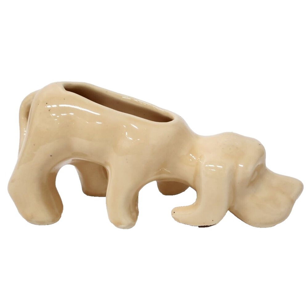 Vintage USA Pottery Hound Dog Flower Pot Planter Cream Ceramic Figural MCM